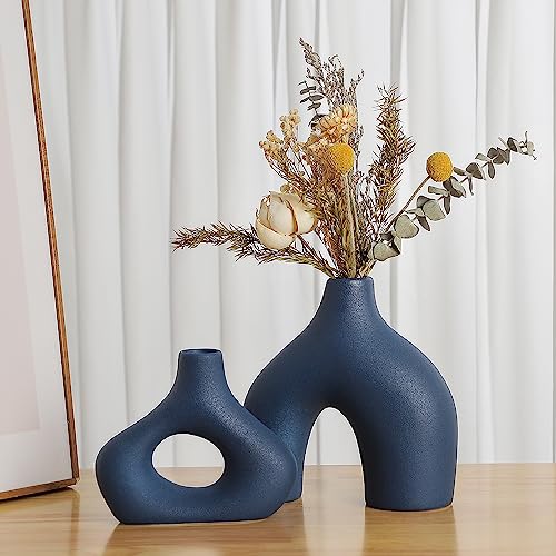 CEMABT Blue Ceramic Vase Set of 2 for Modern Minimalist Bohemian Decor，Round Matte Donut Vases for Pampas Grass-Perfect for Living Room, Dining Table, Office Bedroom Shelf Decor Entryway, Console - Image 1