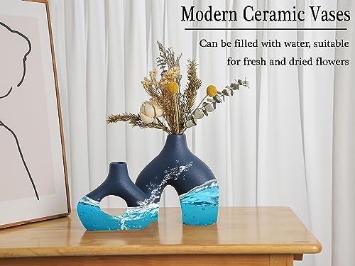 CEMABT Blue Ceramic Vase Set of 2 for Modern Minimalist Bohemian Decor，Round Matte Donut Vases for Pampas Grass-Perfect for Living Room, Dining Table, Office Bedroom Shelf Decor Entryway, Console - Image 5