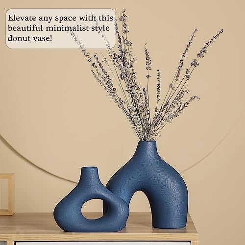 CEMABT Blue Ceramic Vase Set of 2 for Modern Minimalist Bohemian Decor，Round Matte Donut Vases for Pampas Grass-Perfect for Living Room, Dining Table, Office Bedroom Shelf Decor Entryway, Console - Image 4