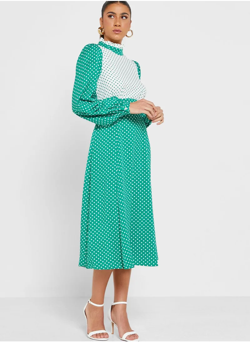 Louche Polka Dot Colorblock Pocket Detail Dress