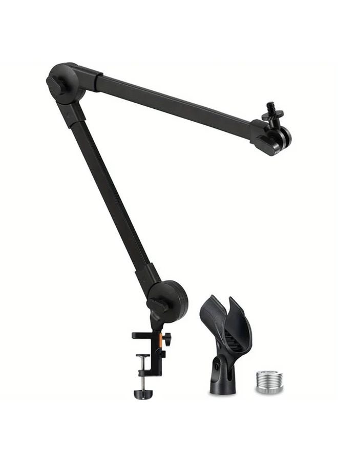 حامل ميكروفون أسود قابل للتعديل، ذراع مقص معلق مع مشبك للبث والتسجيل في الاستوديو - Image 1