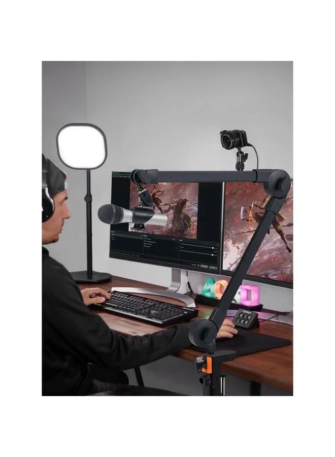 حامل ميكروفون أسود قابل للتعديل، ذراع مقص معلق مع مشبك للبث والتسجيل في الاستوديو - Image 5