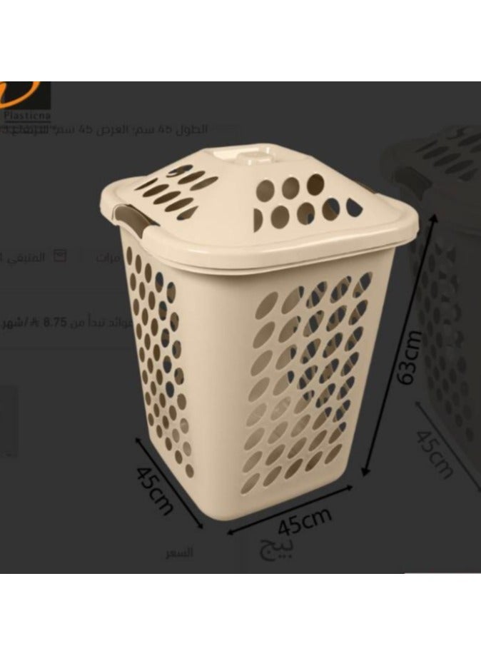 Plastic laundry basket with lid, beige color  - Image 2