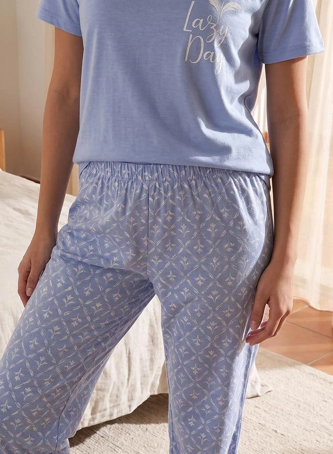 Splash FAV BLUE Intimates Viscose Floral Print T-shirt and Pyjama Set for Women | Best Price UAE