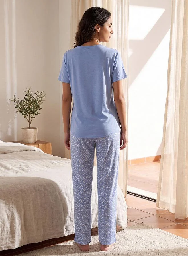 Splash FAV BLUE Intimates Viscose Floral Print T-shirt and Pyjama Set for Women | Best Price UAE