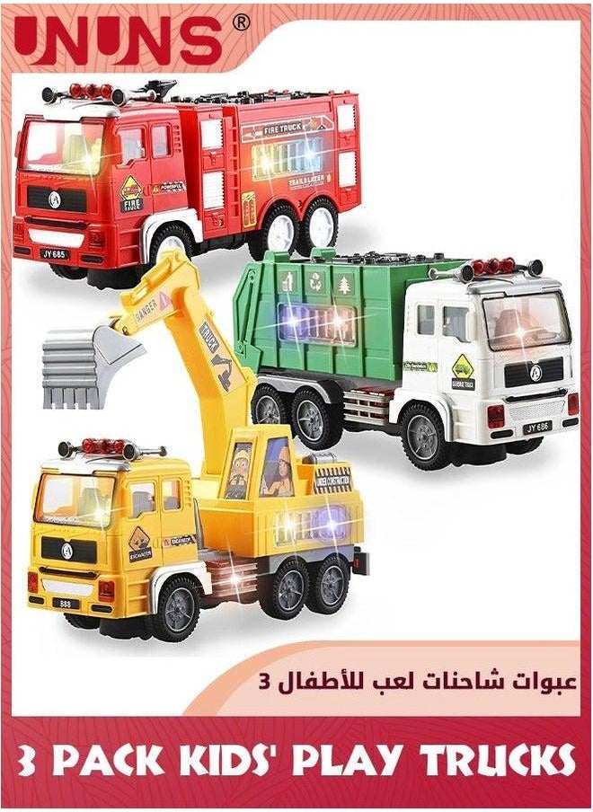 UNUNS Kids' Play Trucks,3 Pcs Toy Vehicle Trucks Playsets,Automatic Bump Go Fire Truck,Garbage Truck,Play Excavator With Lights And Sounds,Vehicle Toys Set Gifts For 1 2 3 4 5+ Toddler Boys Girls  - Image 2