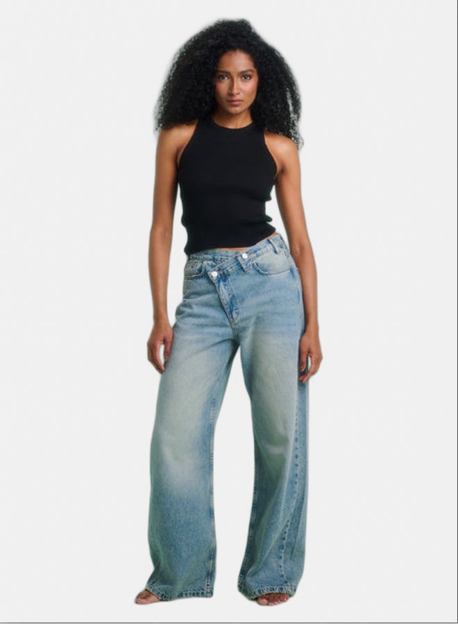 TGS Light Blue Crossed Waist Wide Leg Women Jeans - Image 1