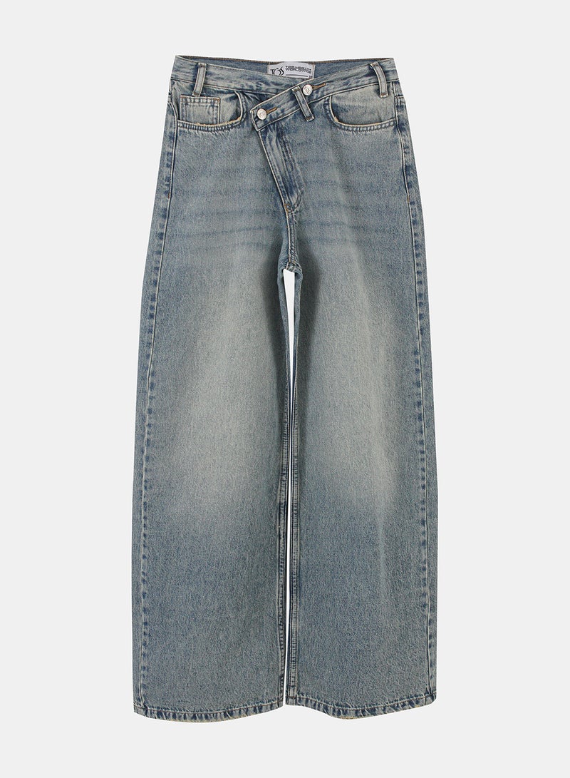 TGS Light Blue Crossed Waist Wide Leg Women Jeans - Image 3