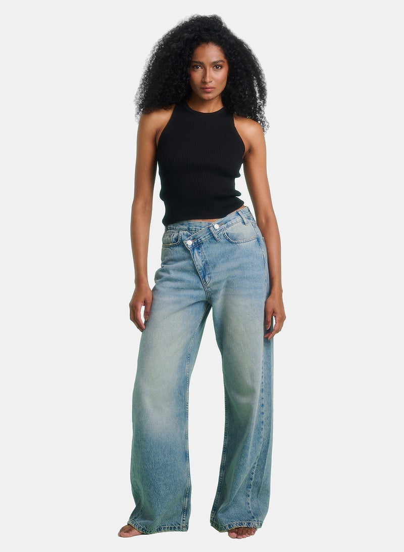 TGS Light Blue Crossed Waist Wide Leg Women Jeans - Image 1