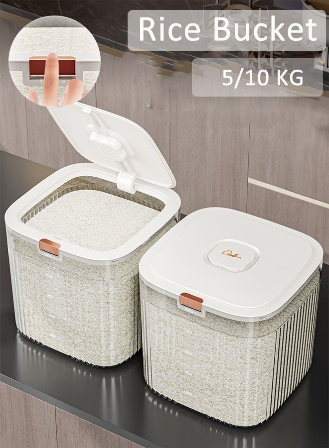 موزع أرز 5/10 كجم، دلو موزع طعام وحاوية أرز، حاوية تخزين شفافة للحبوب، دلو تخزين أرز محكم الغلق مقاوم للرطوبة والحشرات، حامل أرز منزلي، حاوية حبوب كبيرة السعة للدقيق والسكر والشوفان وفول الصويا والحبوب، تنظيم مخزن المطبخ والتخزين - Image 1