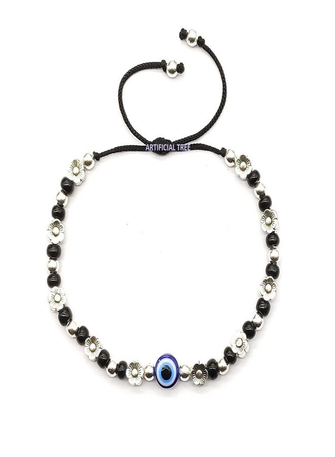 ARTIFICIAL TREE Handmade Nazariya FLOWER & Evil Eye Charms Black Thread Bracelet Adjustable| Nazar Battu | for Women, Men, Girls & Boys 1 Piece(AT GIRLS BRCT 049) - Image 1