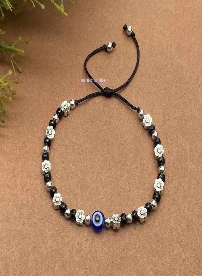 ARTIFICIAL TREE Handmade Nazariya FLOWER & Evil Eye Charms Black Thread Bracelet Adjustable| Nazar Battu | for Women, Men, Girls & Boys 1 Piece(AT GIRLS BRCT 049) - Image 3