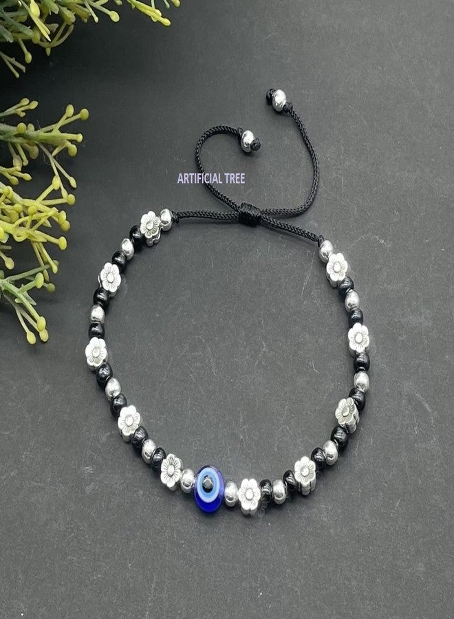 ARTIFICIAL TREE Handmade Nazariya FLOWER & Evil Eye Charms Black Thread Bracelet Adjustable| Nazar Battu | for Women, Men, Girls & Boys 1 Piece(AT GIRLS BRCT 049) - Image 4