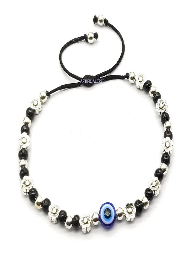 ARTIFICIAL TREE Handmade Nazariya FLOWER & Evil Eye Charms Black Thread Bracelet Adjustable| Nazar Battu | for Women, Men, Girls & Boys 1 Piece(AT GIRLS BRCT 049) - Image 2