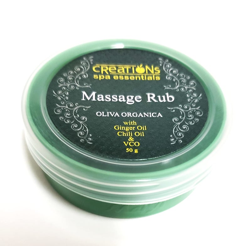 CS Essentials Creation Spa Essentials Massage Rub Oliva Organica with Ginger Oil Chili Oil VCO Size 50g Pack of 1 Green