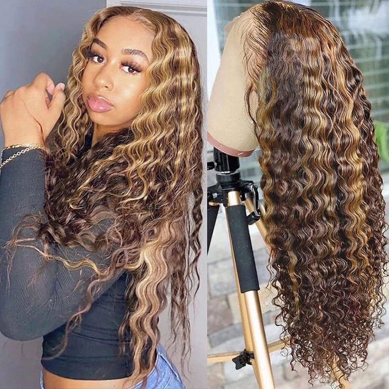 Pizazz Ombre Highlight Lace Front Wig Human Hair 180 Density Deep Wave 20 Inch - Image 1