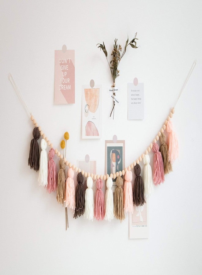 Decocove Tassel Garland - Boho Tassel Garland with Wood Beads - Wall Decor for Dorm, Girls Room and Nursery Room (43 inch) - Blush and Terra Cotta - Image 2