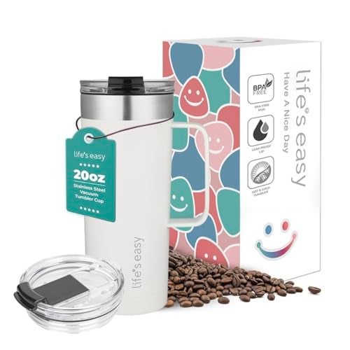 Life's Easy 20oz Stainless Steel Mug w/Handle - Double Wall Insulated Travel Tumbler w/Flip Lid - Leak Proof Tumbler-Thermal Cup for Coffee, Tea & More - Keep Hot & Cold Drinks (White, 20 oz) - Image 1