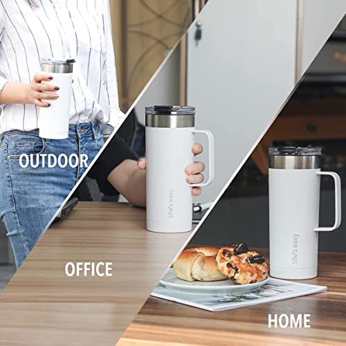Life's Easy 20oz Stainless Steel Mug w/Handle - Double Wall Insulated Travel Tumbler w/Flip Lid - Leak Proof Tumbler-Thermal Cup for Coffee, Tea & More - Keep Hot & Cold Drinks (White, 20 oz) - Image 3