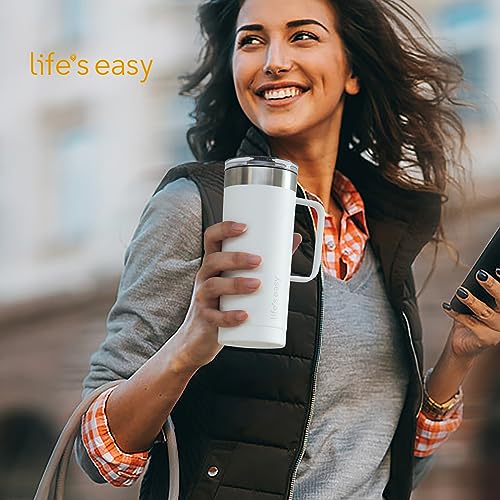 Life's Easy 20oz Stainless Steel Mug w/Handle - Double Wall Insulated Travel Tumbler w/Flip Lid - Leak Proof Tumbler-Thermal Cup for Coffee, Tea & More - Keep Hot & Cold Drinks (White, 20 oz) - Image 2