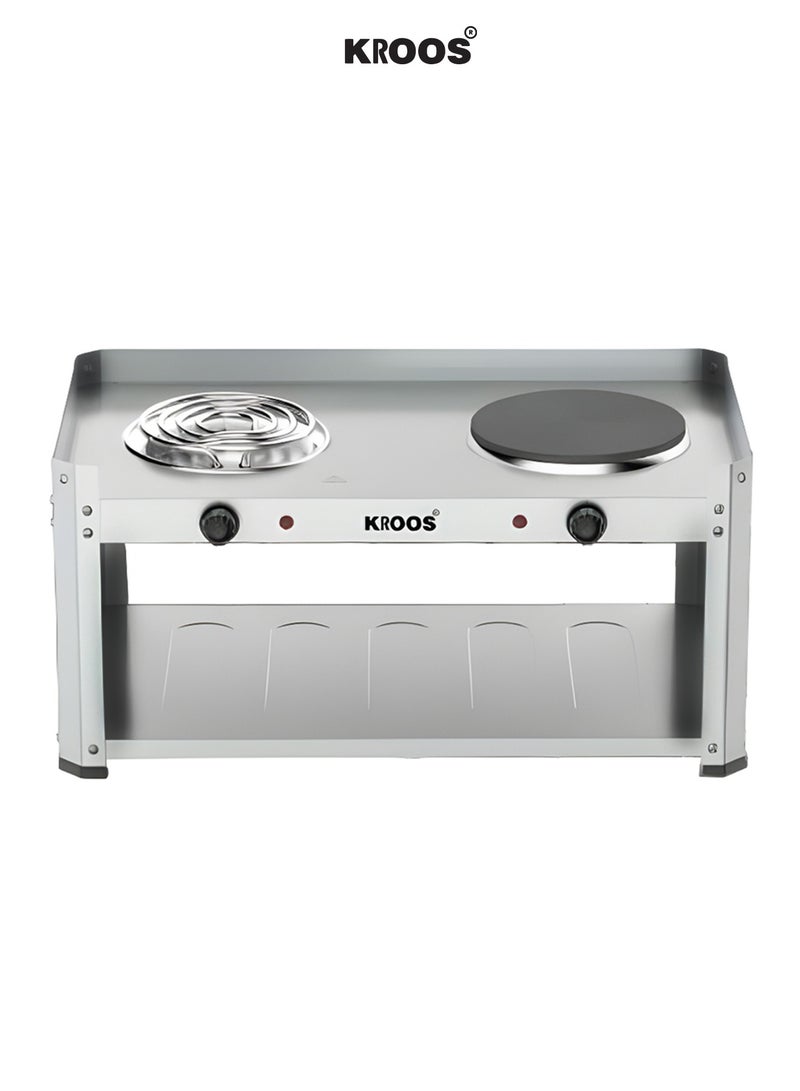 KROOS 2500W Double Electric Grill KR-5713 - Spiral and Flat Surface with Lower Storage Rack