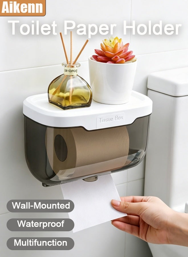 Aikenn Toilet Paper Holder, Wall-Mounted Tissue Box,Punch-Free Tissue Dispenser, Tissue Container,Waterproof Toilet Paper Box for Bathroom  Storage Box,Multifunction Dispenser Cat Proof (Grey) - Image 1