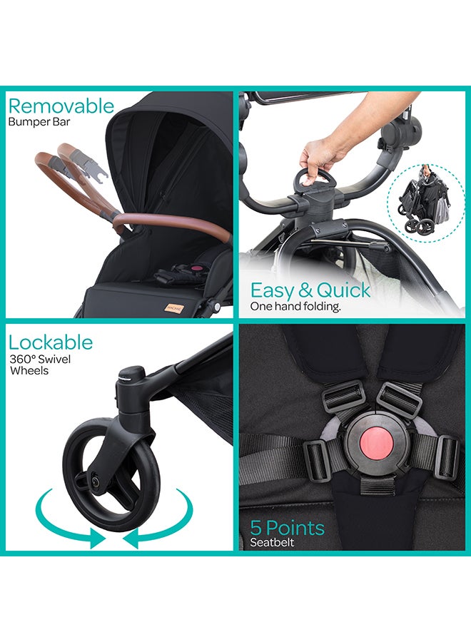 Moon Riche Advanced Baby Stroller With 360° Rotating Handle - Black - Image 4