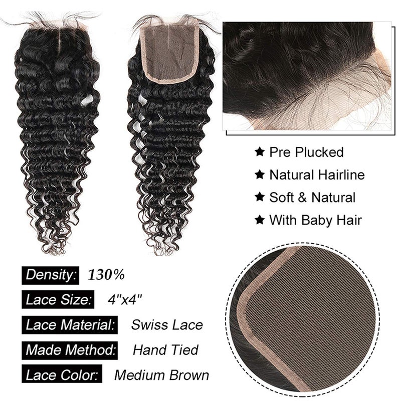 Miss GAGA Brazilian Deep Wave Bundles with Closure Virgin Human Hair Bundles with Closure 4Ã—4 Lace Mixed Length Hair Bundles Natural Color for Black Women 100% Unprocessed Miss GAGA (16 18 20+14) - Image 4