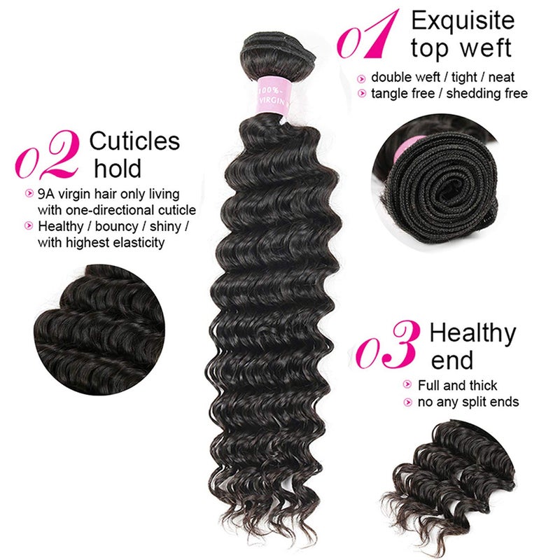 Miss GAGA Brazilian Deep Wave Bundles with Closure Virgin Human Hair Bundles with Closure 4Ã—4 Lace Mixed Length Hair Bundles Natural Color for Black Women 100% Unprocessed Miss GAGA (16 18 20+14) - Image 2