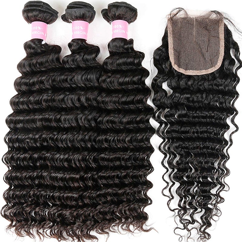 Miss GAGA Brazilian Deep Wave Bundles with Closure Virgin Human Hair Bundles with Closure 4Ã—4 Lace Mixed Length Hair Bundles Natural Color for Black Women 100% Unprocessed Miss GAGA (16 18 20+14) - Image 5