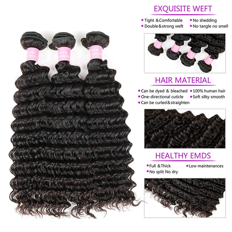 Miss GAGA Brazilian Deep Wave Bundles with Closure Virgin Human Hair Bundles with Closure 4Ã—4 Lace Mixed Length Hair Bundles Natural Color for Black Women 100% Unprocessed Miss GAGA (16 18 20+14) - Image 3