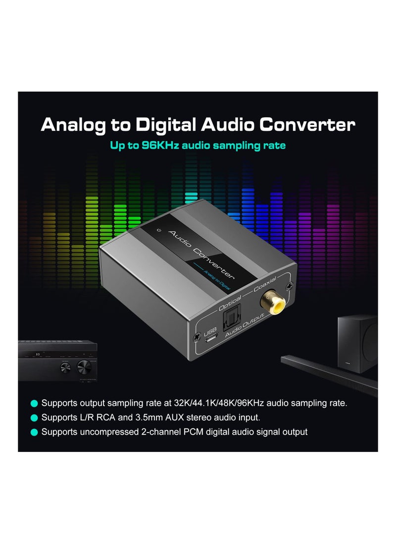 SYOSI - Analog to Digital Audio Converter RCA R/L to Optical with Optical Cable 3.5mmAUX Jack to Digital Toslink and Coaxial Audio Adapter for Soundbar - Image 1