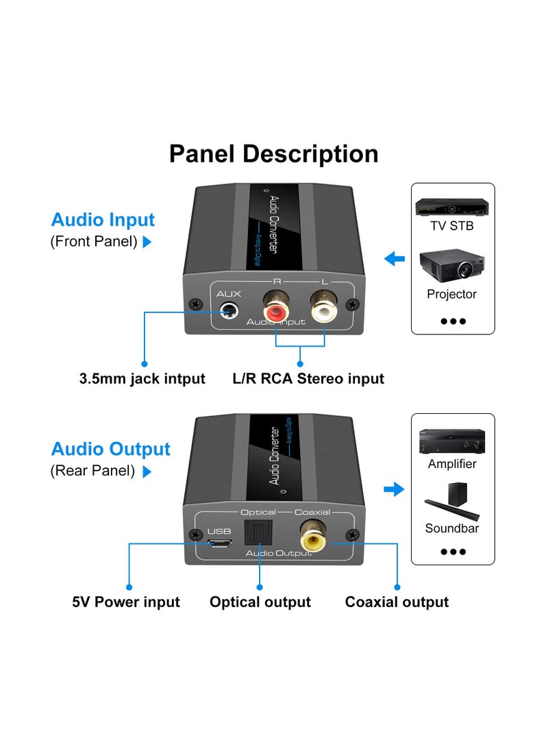 SYOSI - Analog to Digital Audio Converter RCA R/L to Optical with Optical Cable 3.5mmAUX Jack to Digital Toslink and Coaxial Audio Adapter for Soundbar - Image 1