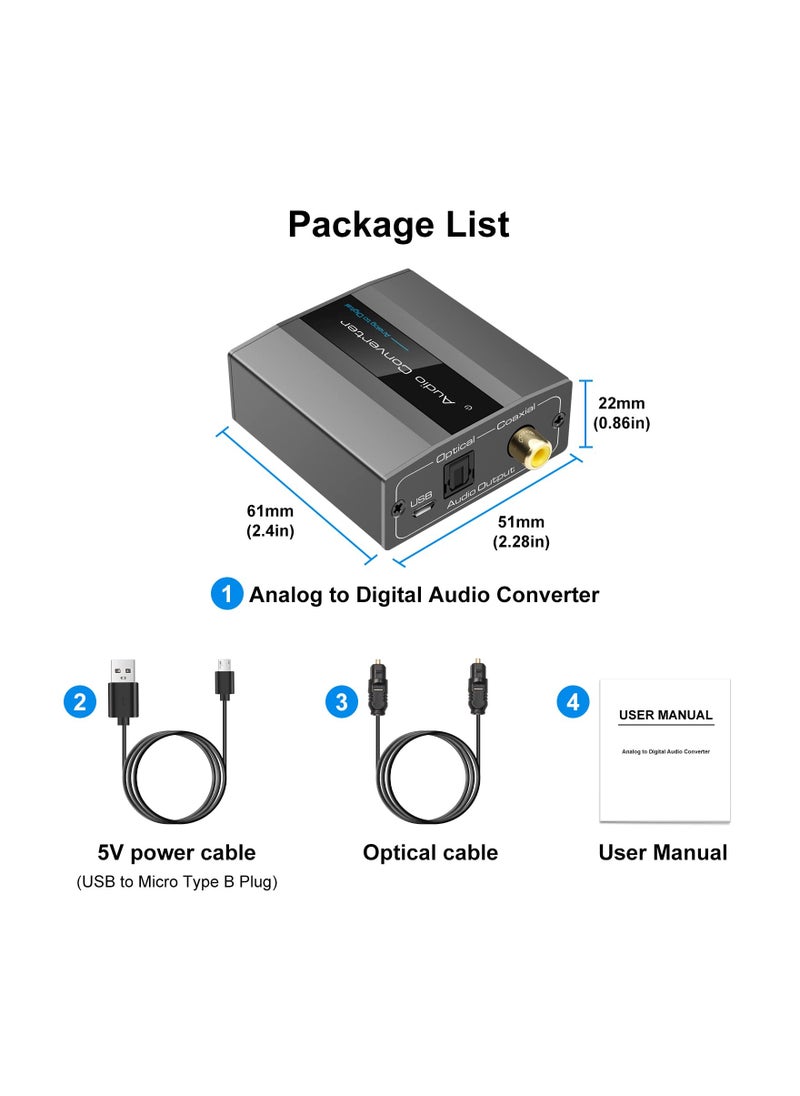 SYOSI - Analog to Digital Audio Converter RCA R/L to Optical with Optical Cable 3.5mmAUX Jack to Digital Toslink and Coaxial Audio Adapter for Soundbar - Image 1