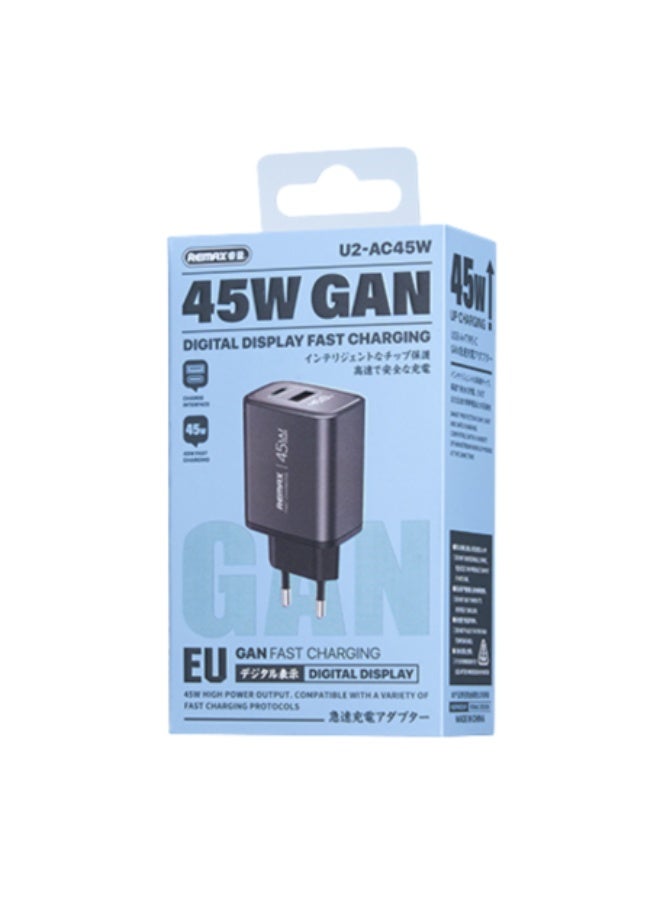 ريماكس شاحن سريع 45 وات GaN مع شاشة رقمية U2-AC، محول مزدوج المنفذ من النوع C وUSB لأجهزة الكمبيوتر المحمول والآيفون والأندرويد - Image 2