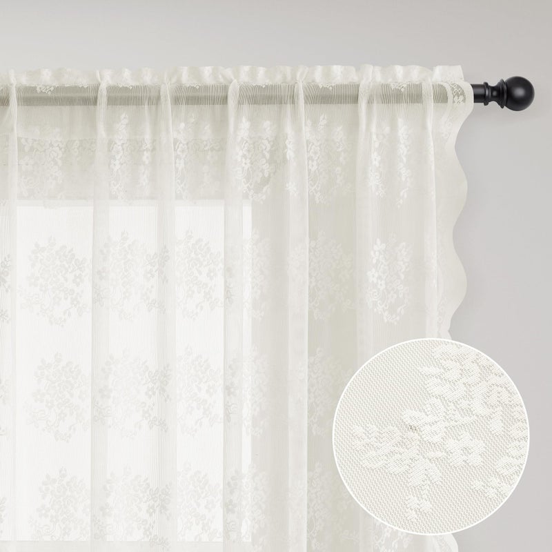 Hokibero Cream Ivory Lace Curtains 84 Inches Long 2 Panels Vintage Lace Voile Sheer Floral Curtain Decorative Flower Pattern Rod Pocket Privacy Off White Curtains with Scalloped Edges for Living Room 52X84 - Image 2
