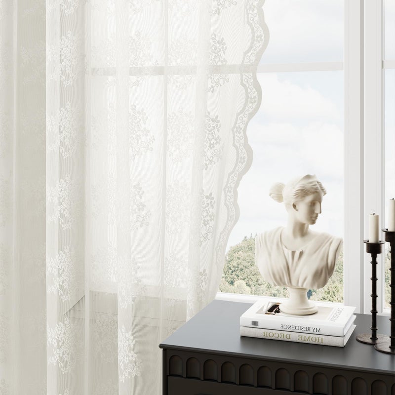 Hokibero Cream Ivory Lace Curtains 84 Inches Long 2 Panels Vintage Lace Voile Sheer Floral Curtain Decorative Flower Pattern Rod Pocket Privacy Off White Curtains with Scalloped Edges for Living Room 52X84 - Image 1