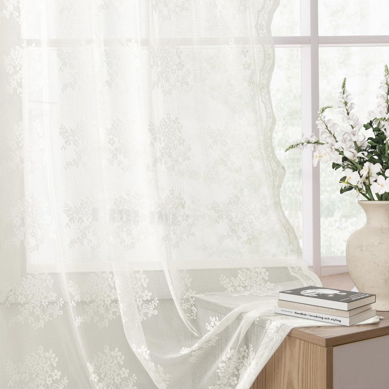 Hokibero Cream Ivory Lace Curtains 84 Inches Long 2 Panels Vintage Lace Voile Sheer Floral Curtain Decorative Flower Pattern Rod Pocket Privacy Off White Curtains with Scalloped Edges for Living Room 52X84 - Image 5