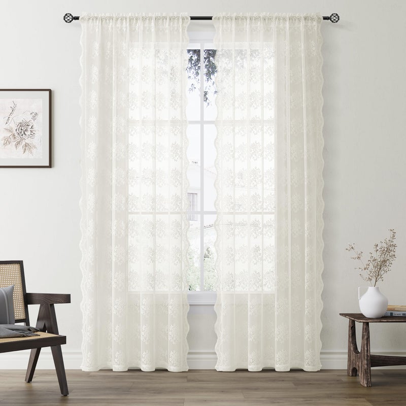 Hokibero Cream Ivory Lace Curtains 84 Inches Long 2 Panels Vintage Lace Voile Sheer Floral Curtain Decorative Flower Pattern Rod Pocket Privacy Off White Curtains with Scalloped Edges for Living Room 52X84 - Image 3