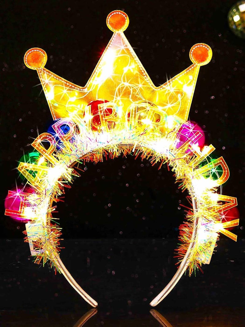 GENBREE Light Up Happy Birthday Headband Birthday Crown Ball Headpiece Party Festival Hair Accessories for Women Yellow 
