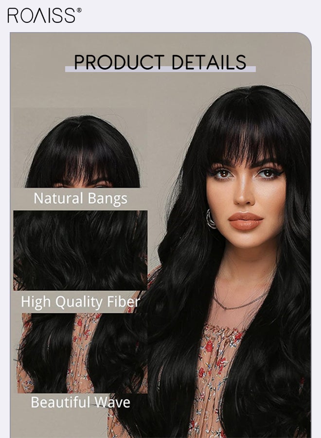 roaiss Long Wavy Black Hair Wig with Bangs for Women Natural Soft Fluffy Synthetic Heat Resistant Wig for Wedding Cosplay Party Daily Use, 76cm (30in) - Image 4