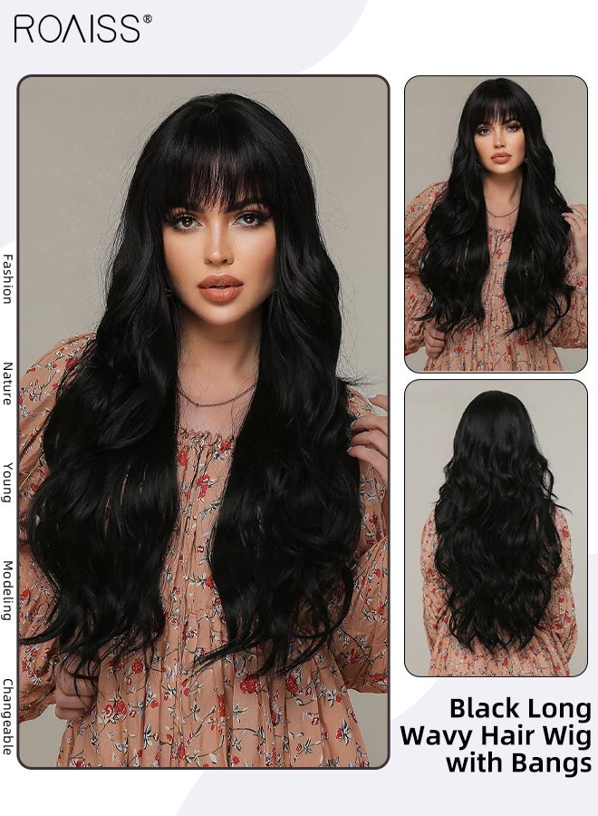 roaiss Long Wavy Black Hair Wig with Bangs for Women Natural Soft Fluffy Synthetic Heat Resistant Wig for Wedding Cosplay Party Daily Use, 76cm (30in) - Image 1