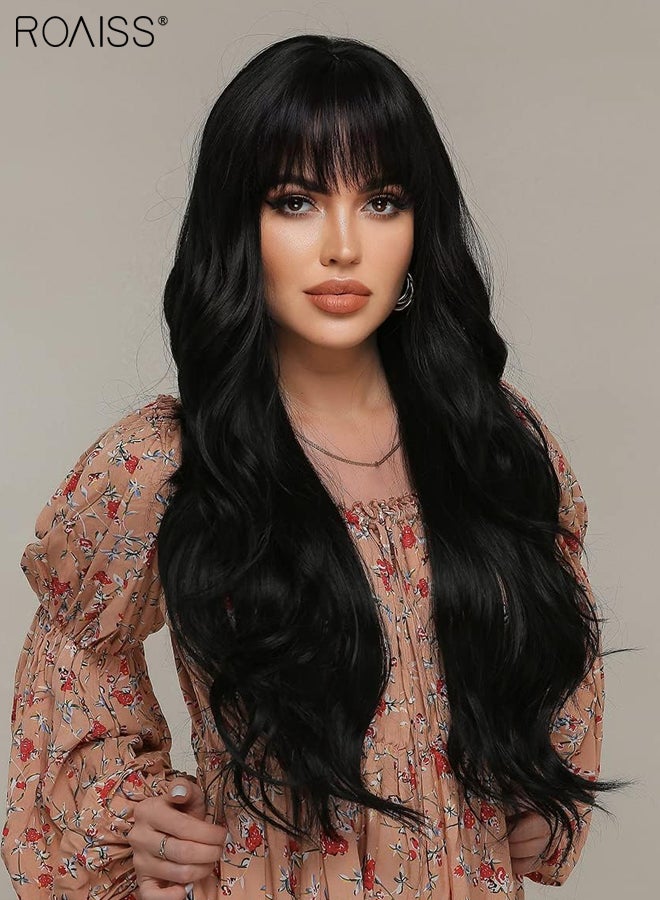 roaiss Long Wavy Black Hair Wig with Bangs for Women Natural Soft Fluffy Synthetic Heat Resistant Wig for Wedding Cosplay Party Daily Use, 76cm (30in) - Image 5