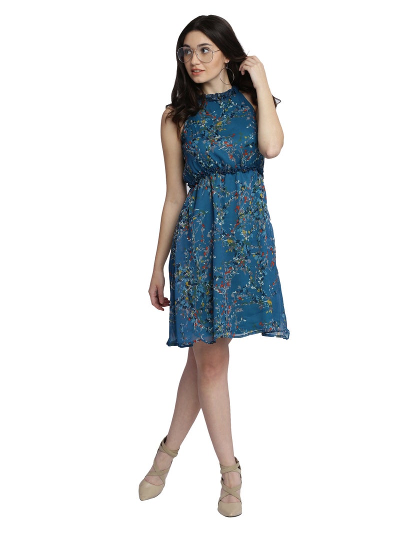 Miss Chase Women's Multicolored Floral Print Skater Dress(MCAW17D09-75-176-06_Multicolored-Base Turquoise_X-Large) - Image 2