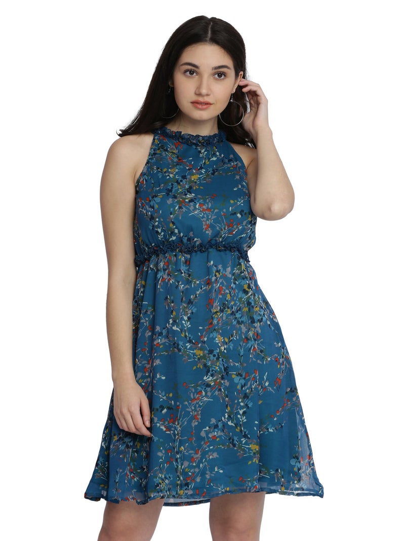 Miss Chase Women's Multicolored Floral Print Skater Dress(MCAW17D09-75-176-06_Multicolored-Base Turquoise_X-Large) - Image 1
