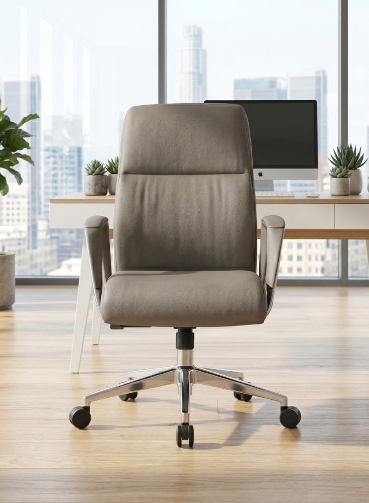 KARNAK Bryan Medium Back Office Chair with PU Leather Upholstery, Adjustable Height, Swivel Wheels & Tilt Mechanism(Grey) - Image 1