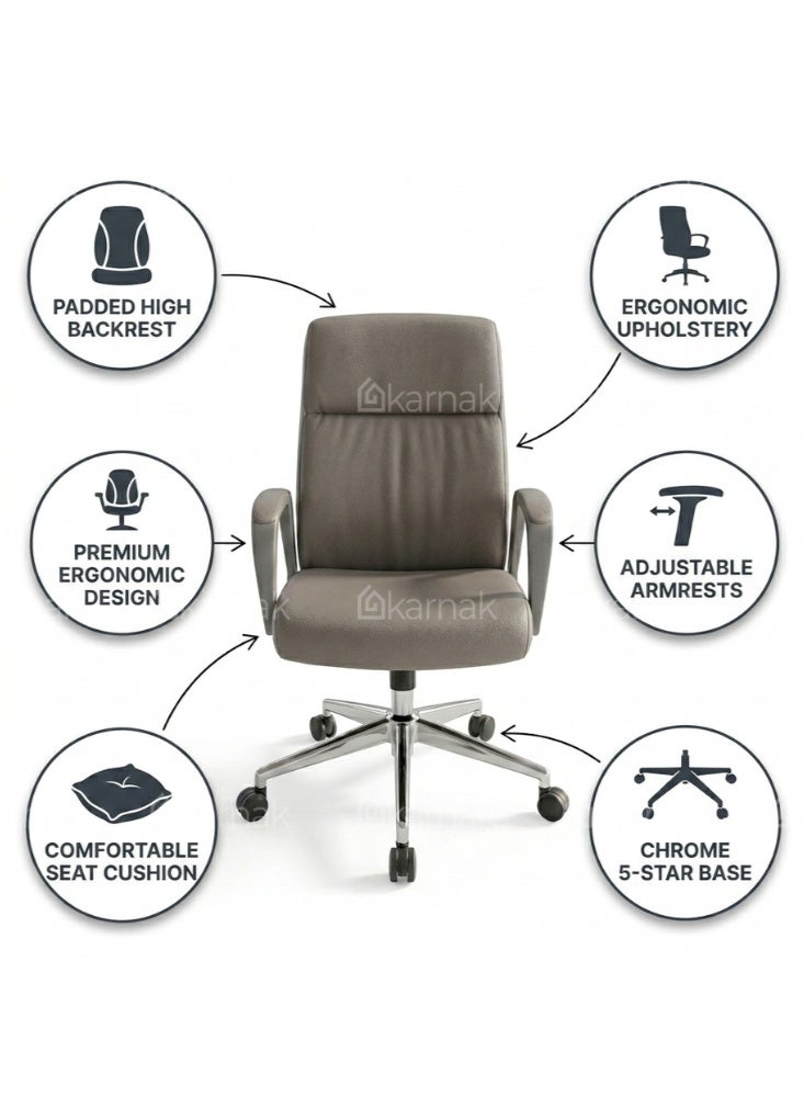 KARNAK Bryan Medium Back Office Chair with PU Leather Upholstery, Adjustable Height, Swivel Wheels & Tilt Mechanism(Grey) - Image 3