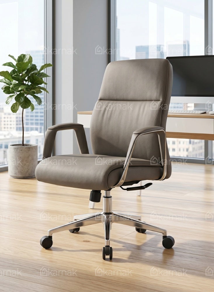 KARNAK Bryan Medium Back Office Chair with PU Leather Upholstery, Adjustable Height, Swivel Wheels & Tilt Mechanism(Grey) - Image 4