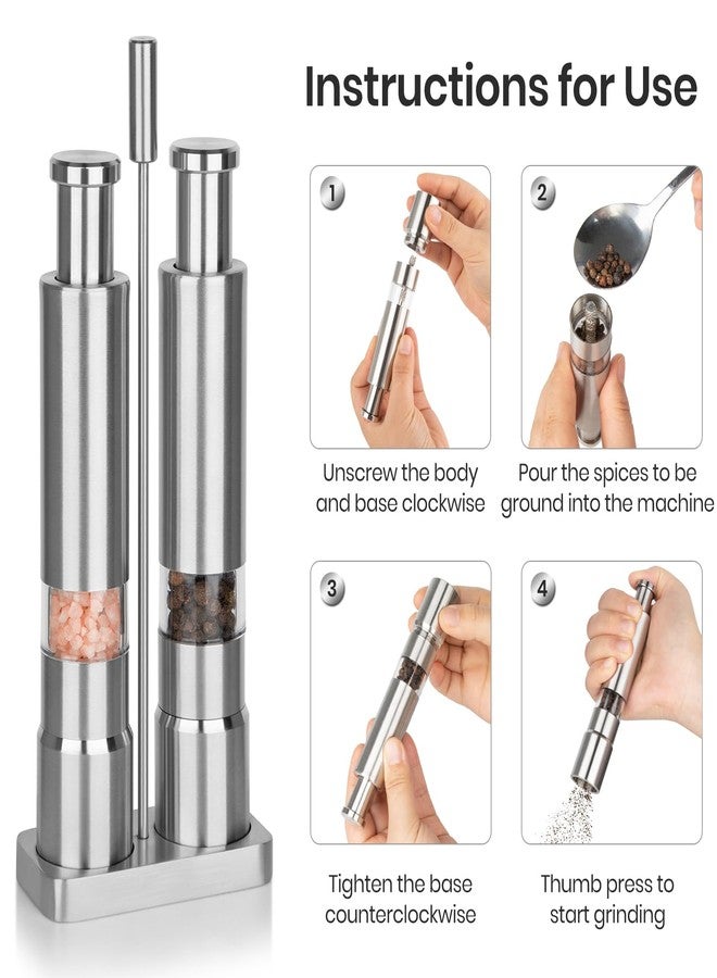 Shker Salt and Pepper Grinder Set,Small Stainless Steel Manual Salt Grinder,Thumb Refillable Mini Salt Grinders Shakers With Base For Kitchen, Home, Travel, Camping, Cooking(Silvery) - Image 5
