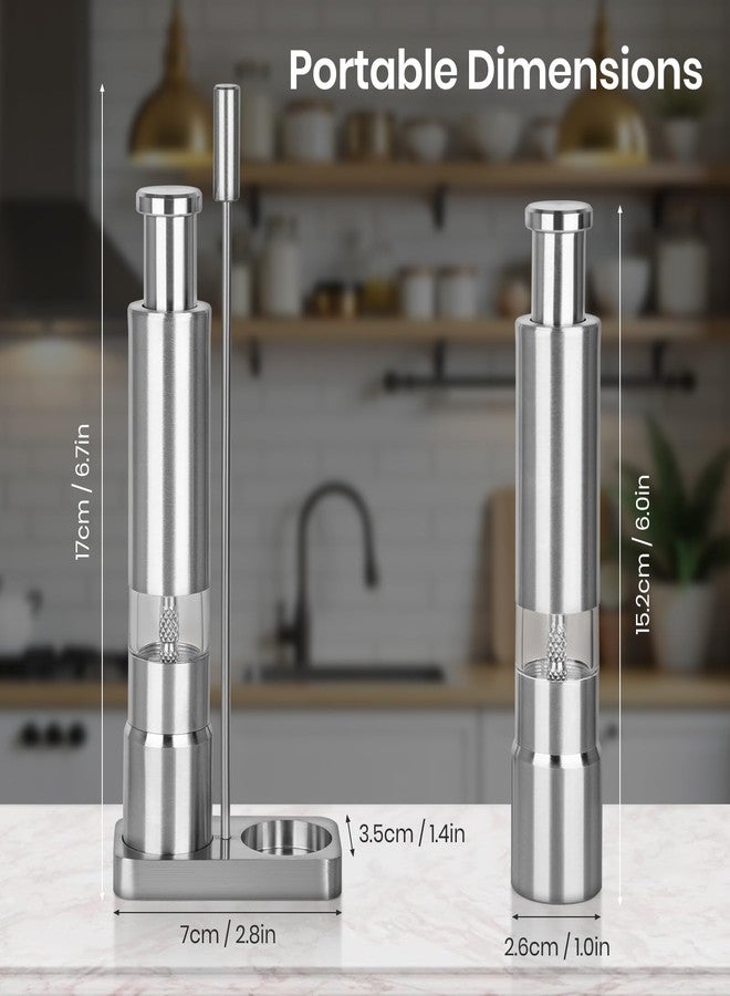 Shker Salt and Pepper Grinder Set,Small Stainless Steel Manual Salt Grinder,Thumb Refillable Mini Salt Grinders Shakers With Base For Kitchen, Home, Travel, Camping, Cooking(Silvery) - Image 3